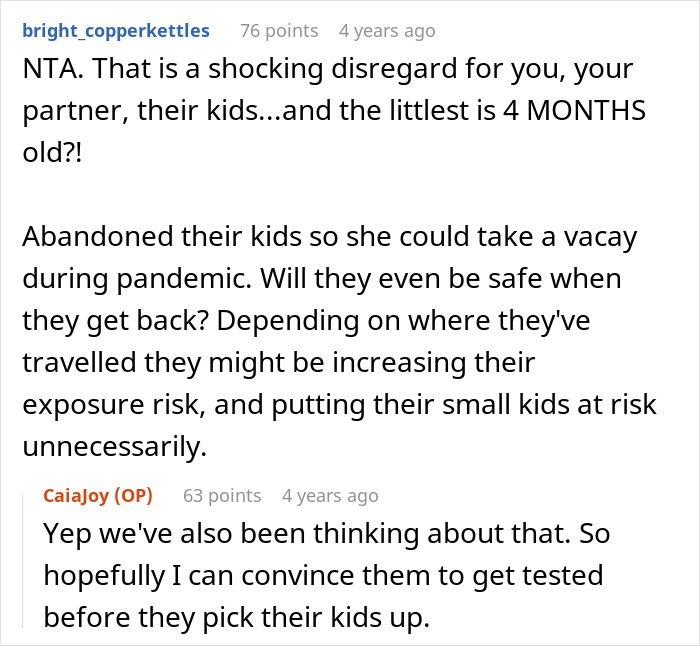 Reddit comments discussing babysitting risks and family conflicts during a pandemic involving small kids and exposure concerns. Reddit comments discussing babysitting risks and family conflicts during a pandemic involving small kids and exposure concerns.