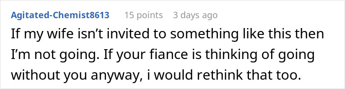 Comment discussing a woman&rsquo;s concern about her fianc&eacute; attending a friend&rsquo;s wedding without her presence.