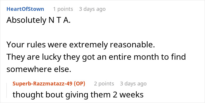 Screenshot of an online discussion about a guy opening his door to family in need and closing it after chaos and cigarettes were brought inside.