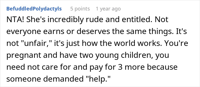 Reddit comment discussing a woman refusing to babysit step sister&rsquo;s kids, sparking family drama.