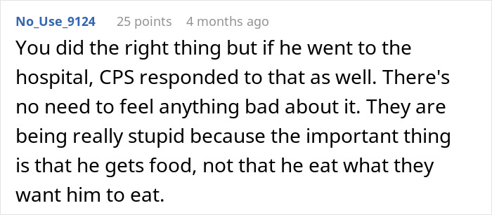 Comment discussing CPS involvement and the couple becoming the bad guys after reporting parents for starving a child.