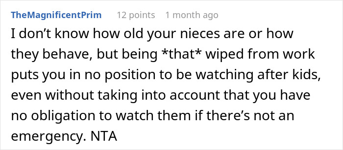 Comment explaining burnout and refusal to babysit, highlighting family guilt and obligation concerns in a discussion thread. Comment explaining burnout and refusal to babysit, highlighting family guilt and obligation concerns in a discussion thread.