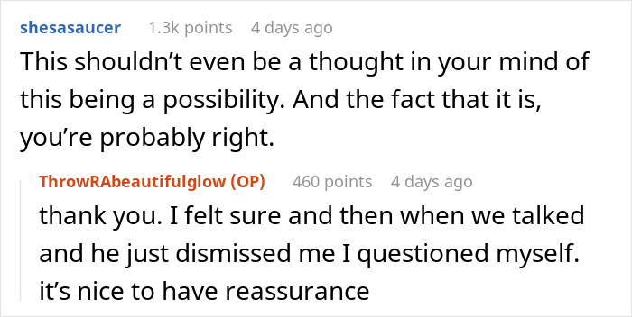 Reddit comments discussing a woman suspecting her boyfriend is messing with her toothbrush, seeking reassurance online.