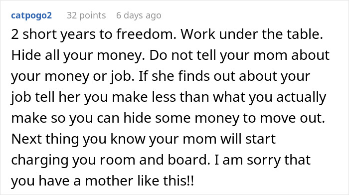 Comment discussing hiding money and independence related to having a say in a Sweet 16 party paid for mostly by the teen. Comment discussing hiding money and independence related to having a say in a Sweet 16 party paid for mostly by the teen.