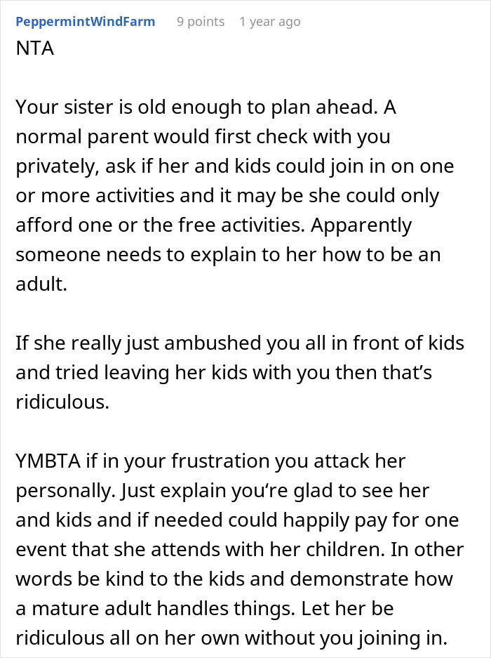 Reddit comment discussing refusal to babysit step sister&rsquo;s kids, highlighting family drama and planning issues.