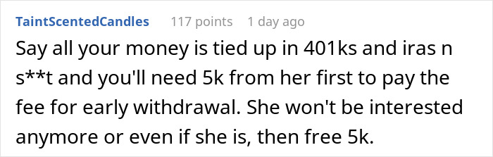 Comment discussing a distant cousin wanting wedding funding because the commenter is single with no kids.