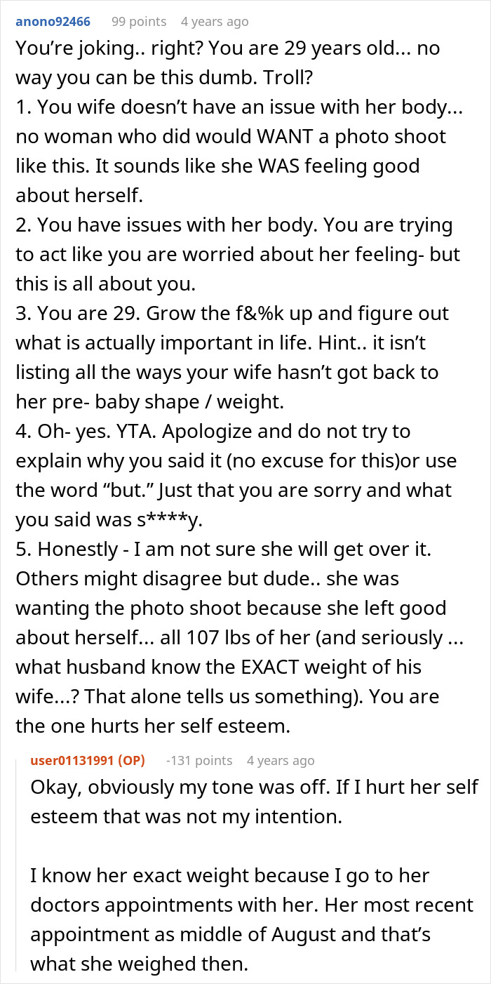 Reddit comments debating a guy refusing his wife’s spicy photoshoot due to her postpartum extra pounds. Reddit comments debating a guy refusing his wife’s spicy photoshoot due to her postpartum extra pounds.