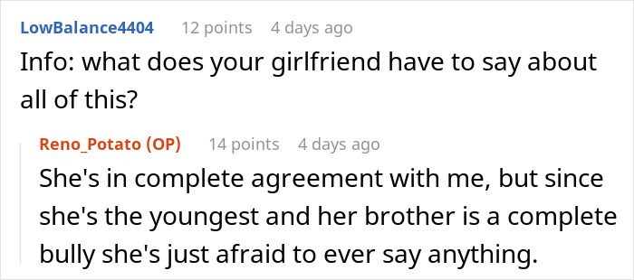 Reddit user explains girlfriend’s fear due to youngest sibling and brother being a complete bully in family conflict. Reddit user explains girlfriend’s fear due to youngest sibling and brother being a complete bully in family conflict.