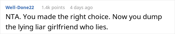 Comment from user Well-Done22 explaining someone made the right choice and should leave a lying girlfriend after coming back early from a work trip. Comment from user Well-Done22 explaining someone made the right choice and should leave a lying girlfriend after coming back early from a work trip.