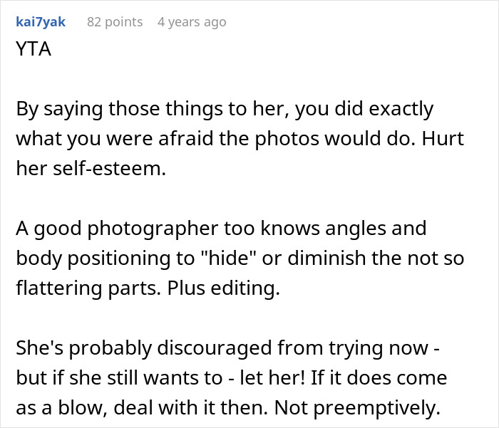 Comment discussing how a husband refuses a spicy photoshoot due to his wife's postpartum 12 extra pounds affecting her self-esteem. Comment discussing how a husband refuses a spicy photoshoot due to his wife's postpartum 12 extra pounds affecting her self-esteem.