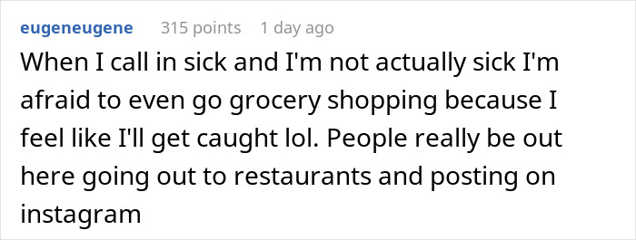 Text post discussing feelings of guilt after calling in sick when not actually ill, relating to bottomless mimosa brunch.