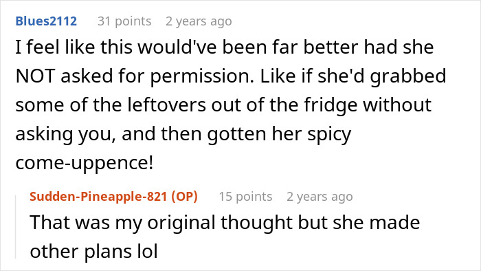 Screenshot of a Reddit conversation about a person getting revenge on roommate stealing food off their plate.