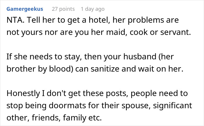 Reddit comment discussing boundaries with a highly sensitive sister-in-law after her high demands are declined. Reddit comment discussing boundaries with a highly sensitive sister-in-law after her high demands are declined.
