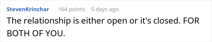 Screenshot of a comment discussing open relationship rules, highlighting hypocrisy in a partner&rsquo;s behavior in an open relationship.