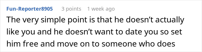 Comment about a guy always bringing his BFF to dates, revealing an unhinged truth about his dating intentions.