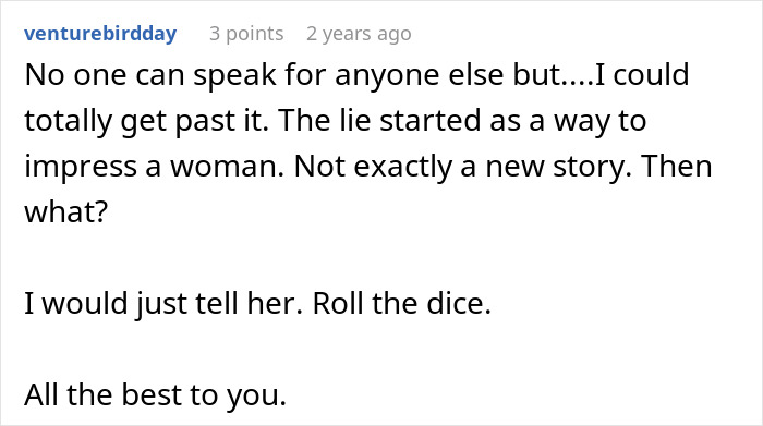 Comment about a husband struggling to come clean about a lie he told years ago and advice to be honest.