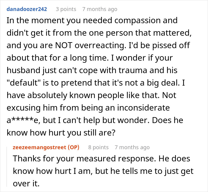 Reddit conversation about wife scared and bruised in ER while husband is busy with TikTok and takeout, emotional check out.