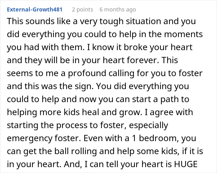 Comment expressing support for a babysitter heartbroken over kids living conditions who called CPS seeking help.
