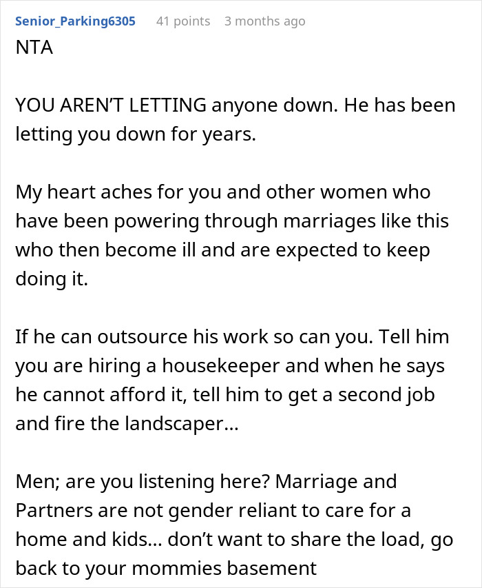 Commenter responds to woman with cancer asking husband for chore help, addressing unfair expectations and lack of support.