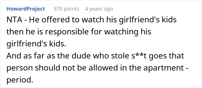 Screenshot of a Reddit comment discussing responsibility and babysitting issues between a woman and her roommate.