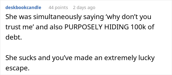 Screenshot of a comment about a bride-to-be shutting down prenup due to secret credit card debt revealed online.