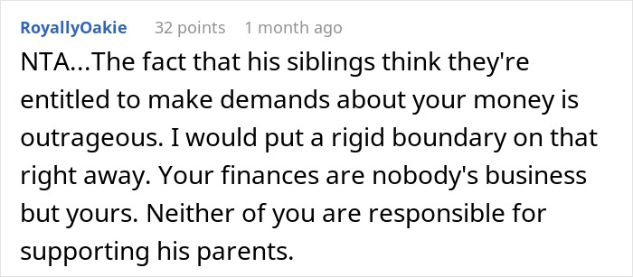Comment discussing wife refusing to support husband&rsquo;s mom after he loses job, highlighting family calling her selfish behavior.