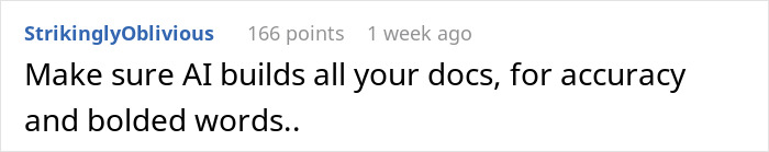 Text post from user StrikinglyOblivious about AI building docs with accuracy and bolded words, related to worker new project.