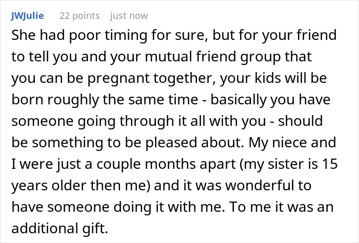 Comment discussing pregnancy timing and shared fertility struggles among friends, highlighting support during challenging moments. Comment discussing pregnancy timing and shared fertility struggles among friends, highlighting support during challenging moments.