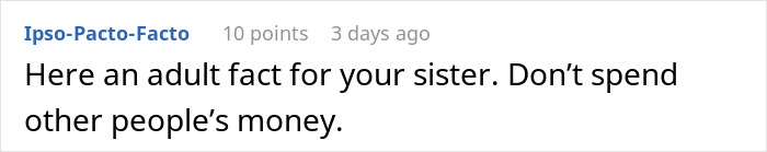 Comment on a forum screen showing text about not spending other people&rsquo;s money after finding out they&rsquo;re treating the table.