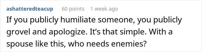 Comment text discussing public humiliation and apology related to FIL pointing finger at son-in-law over missing iPad and wife's silence.