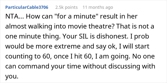 Comment discussing SIL&rsquo;s irresponsible behavior causing family drama and tension over time management issues.