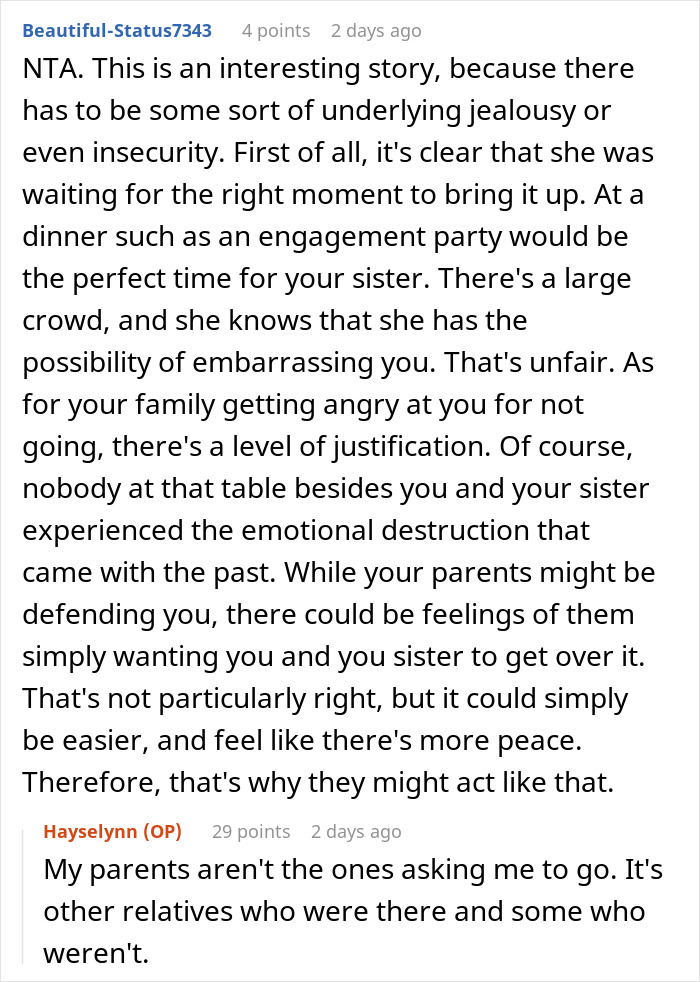 Text conversation about a woman storming out of her sister’s engagement dinner after being accused of stealing her ex-fiancé. Text conversation about a woman storming out of her sister’s engagement dinner after being accused of stealing her ex-fiancé.