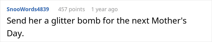 Comment on social platform showing user suggesting sending a glitter b**b, related to horrible stepmom left furious and blocked viral story.