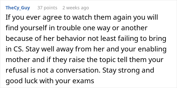 Screenshot of a Reddit comment warning about difficulties in watching kids and enabling problematic behavior in family conflicts.