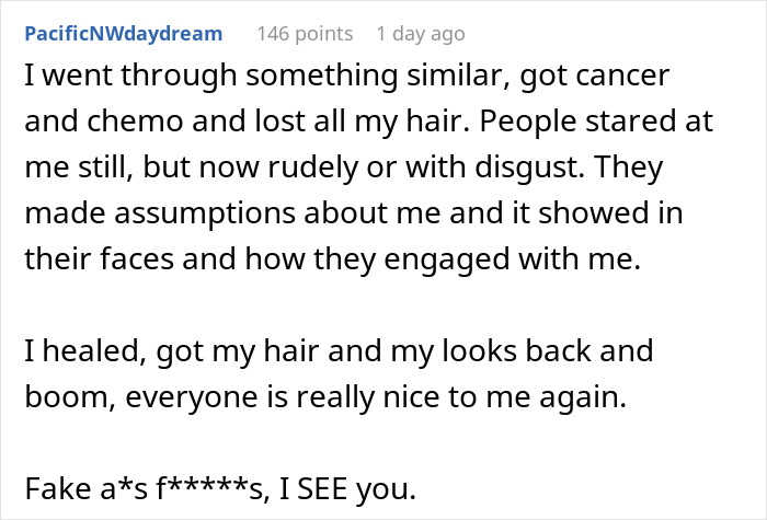 Alt text: Screenshot of a comment discussing changes in social treatment after losing pretty privilege due to cancer and hair loss.
