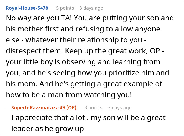 Comment thread screenshot showing a user praising a guy for prioritizing family and setting a strong example for his son.