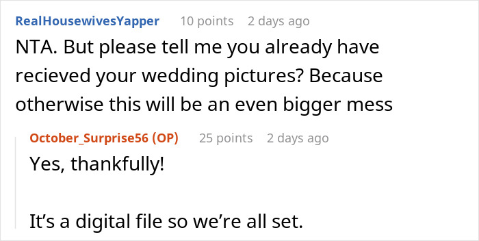 Conversation screenshot showing users discussing a cousin photographing a wedding and billing the couple $3,000 unexpectedly.