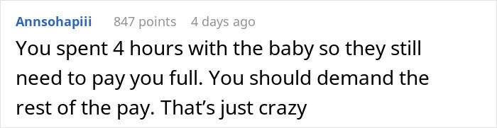 Comment text emphasizing full payment for babysitting after babysitter cared for a baby for several hours.