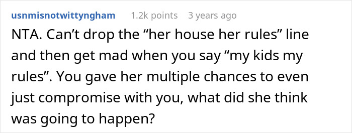 Comment discussing a mom refusing to leave kids with MIL after she keeps feeding them fast food in a Reddit thread.