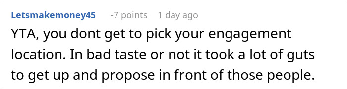 Comment discussing stopping a boyfriend&rsquo;s proposal at a best friend&rsquo;s wedding, questioning engagement location choice.
