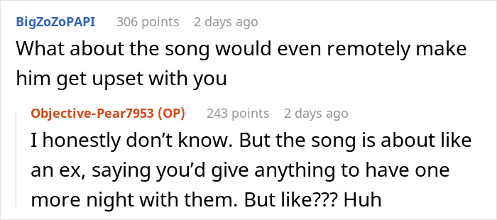 Screenshot of a Reddit conversation discussing a guy upset with how his girlfriend connects with the song she performs at school.