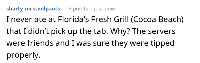 Comment discussing a millionaire deciding to run out before paying the bill, seen as stuck up and entitled.