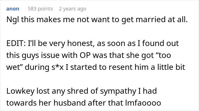Text comment discussing feelings about marriage after a man admits finding his wife repulsive on their first date.