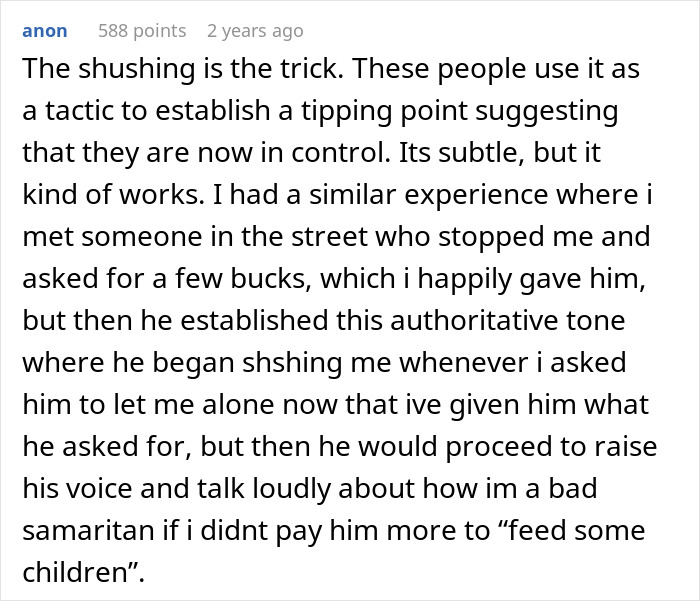 Screenshot of an online comment explaining a scam tactic involving shushing to control and manipulate victims. Screenshot of an online comment explaining a scam tactic involving shushing to control and manipulate victims.
