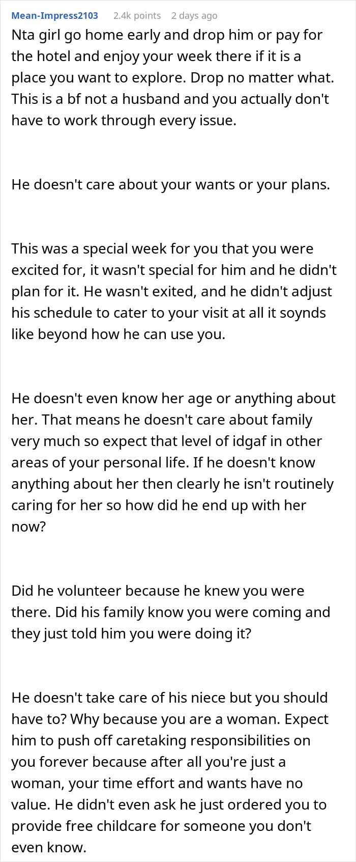 User comment on a forum discussing refusing to babysit boyfriend’s niece during vacation and relationship boundaries. User comment on a forum discussing refusing to babysit boyfriend’s niece during vacation and relationship boundaries.