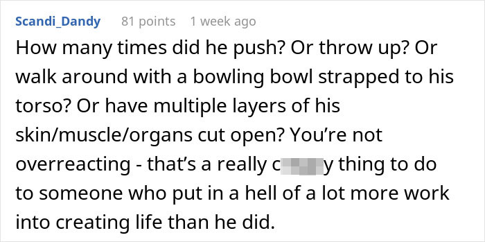 Screenshot of a Reddit comment discussing a traumatic birth experience and misunderstanding from the boyfriend about the effort involved.