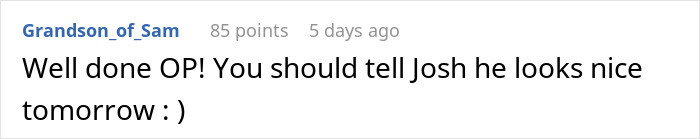 Comment on Reddit praising original poster for showing up at office in full suit to spite berating boss and causing demotion.