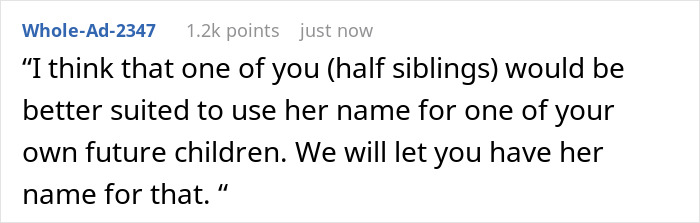 Text post from a user discussing a dad who sees grandbaby as a sign from late wife and demands naming after her.