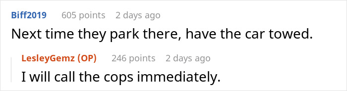 Screenshot of an online discussion about a teen parking on a neighbor's property and the mother's strong defense for him. Screenshot of an online discussion about a teen parking on a neighbor's property and the mother's strong defense for him.
