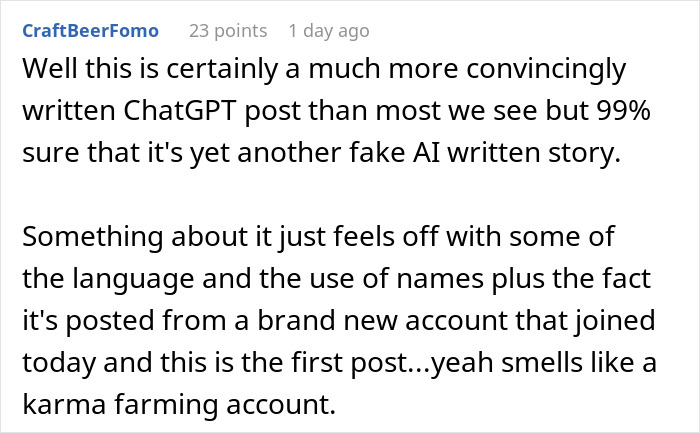 Reddit comment discussing a suspicious ChatGPT post about a mom blowing up at daughters and calling them pathetic.